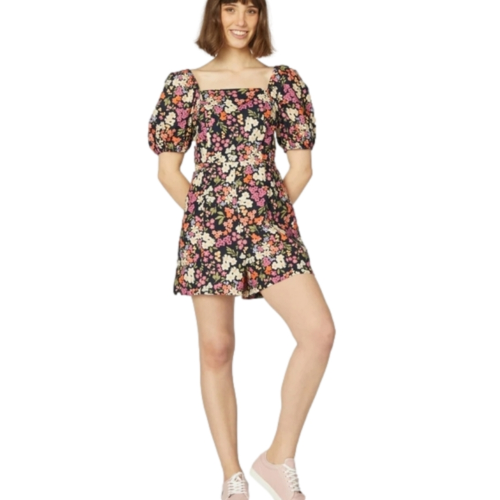 Modcloth Black Floral Puff-Sleeve Romper with Pink & Orange Flowers